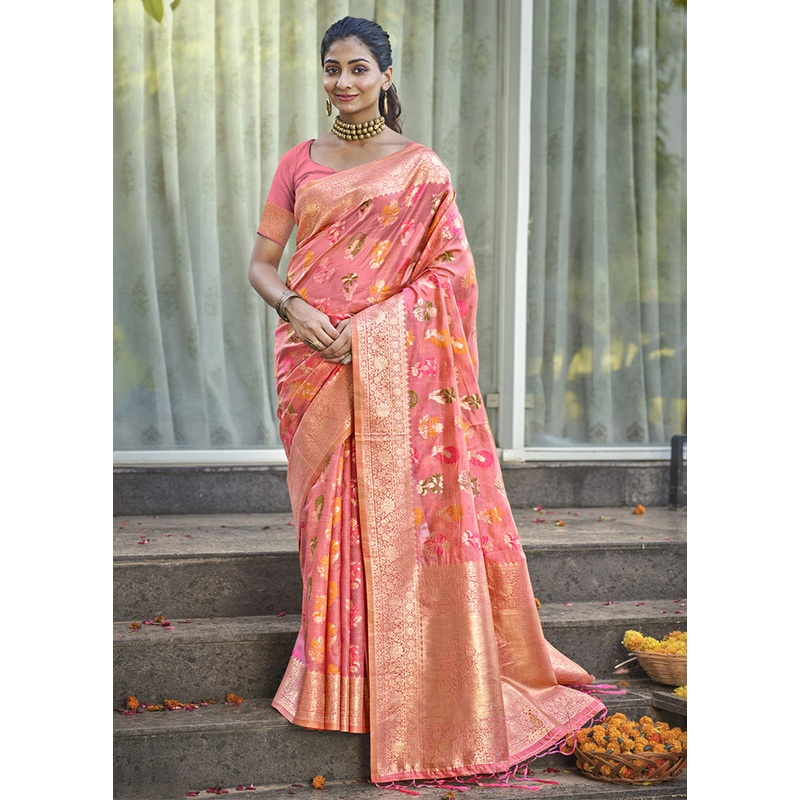 Pink Organza Saree With Blouse Piece - JD986611332