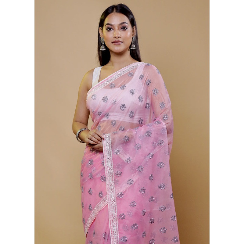 Pink Organza Saree With Blouse Piece - JD986611397