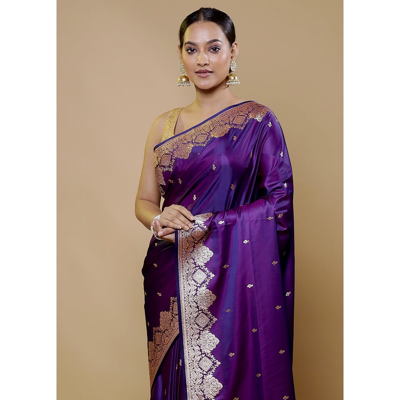 Purple Banarasi Silk Saree With Blouse Piece - JD986611396