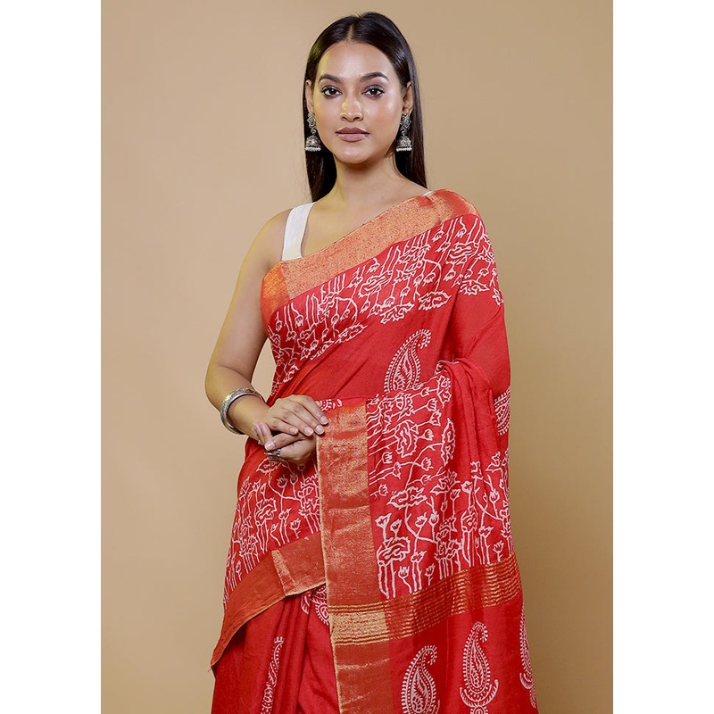 Red Chanderi Cotton Saree With Blouse Piece - JD986611394