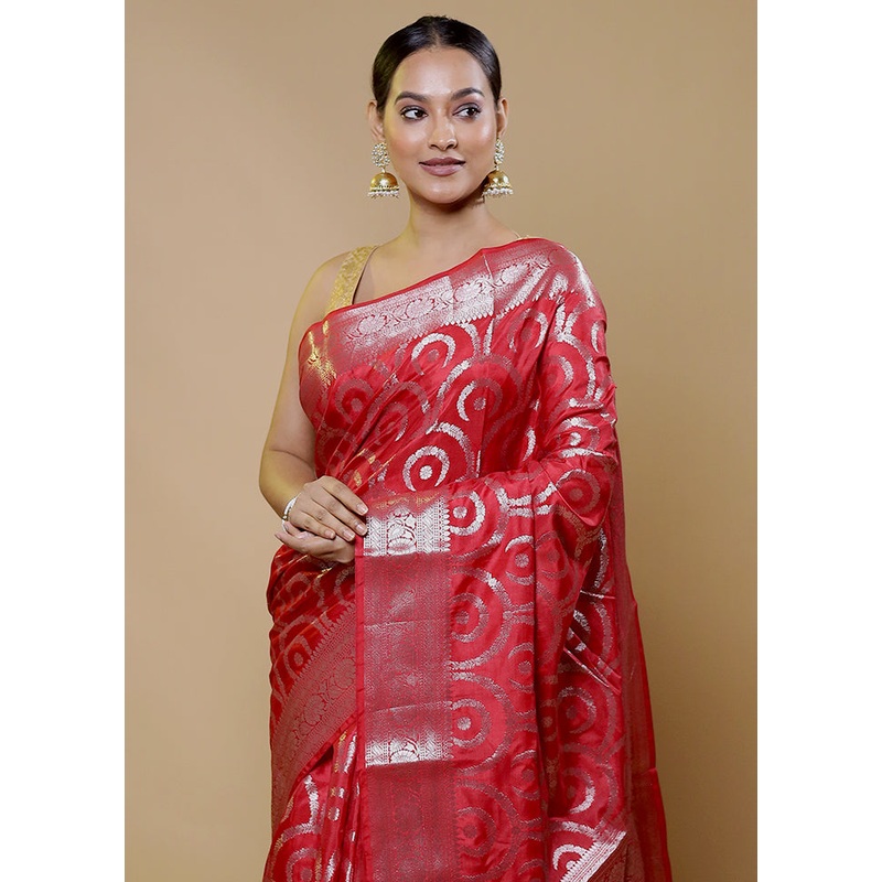 Red Kora Silk Saree With Blouse Piece - JD986611393