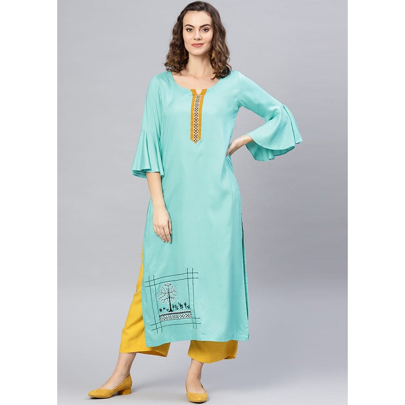 Sea Green Readymade Rayon Kurti - JD986611430