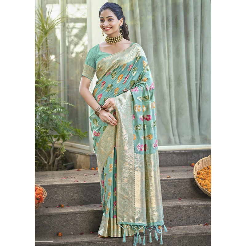 Teal Blue Organza Saree With Blouse Piece - JD986611331