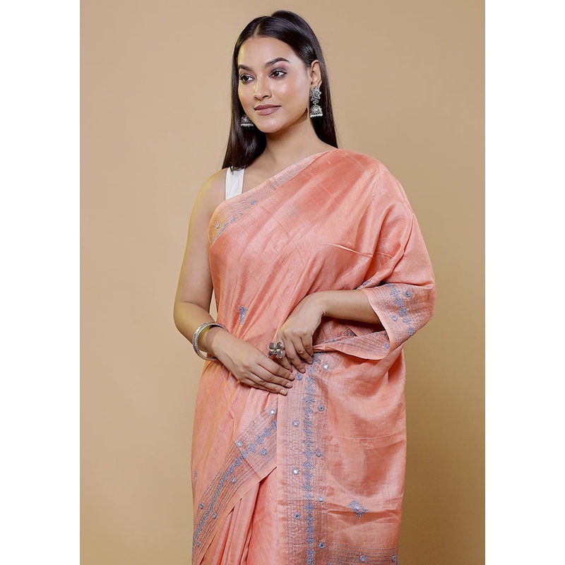 White Handloom Tussar Pure Silk Saree With Blouse Piece - JD986611398
