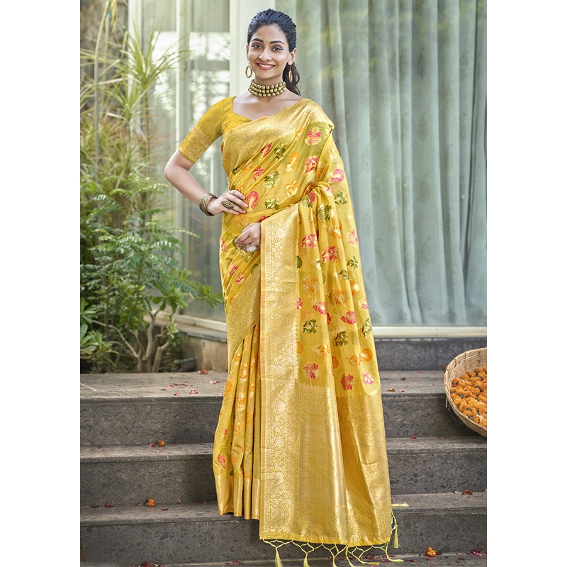 Yellow Organza Saree With Blouse Piece - JD986611330