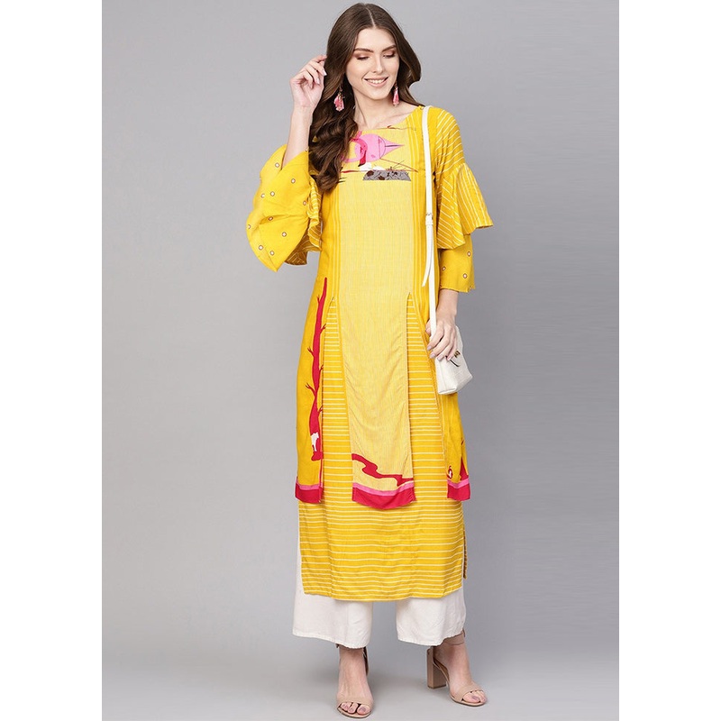 Yellow Readymade Rayon Kurti - JD986611416