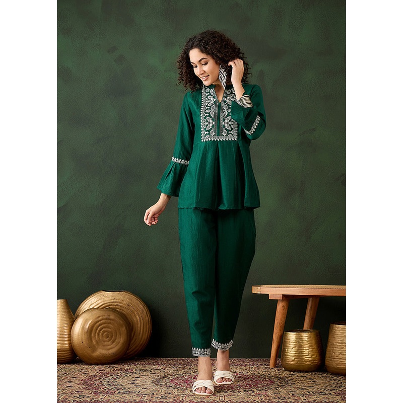 2 Pc Green Readymade Silk Coord Set - JD986611246