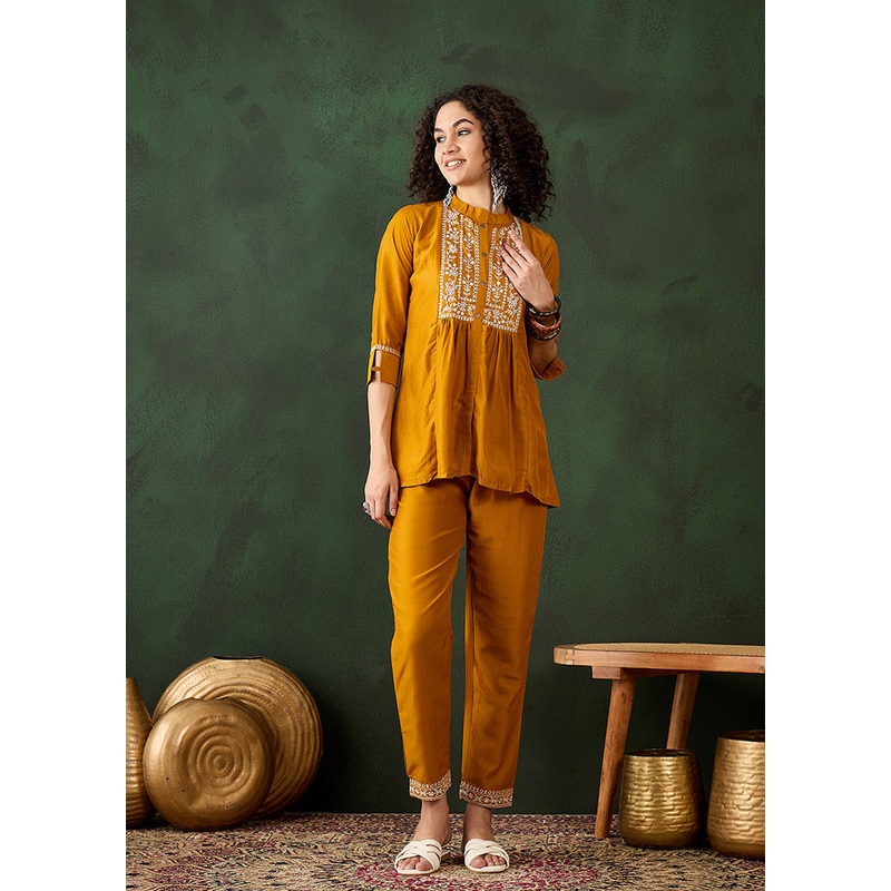 2 Pc Mustard Readymade Silk Coord Set - JD986611244