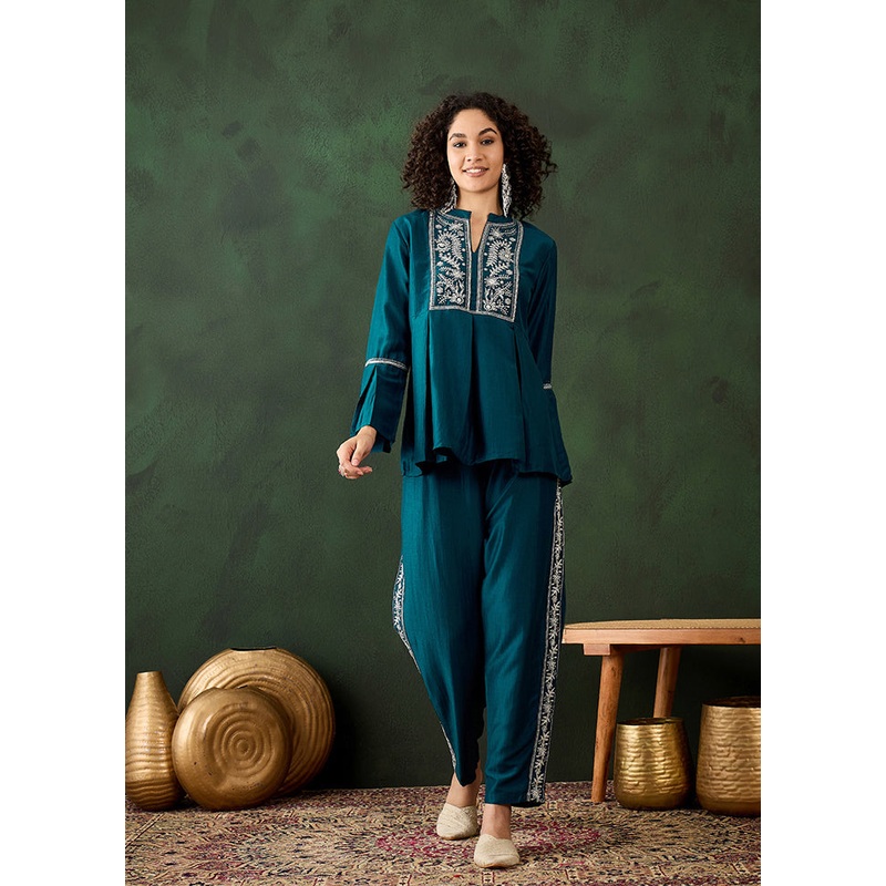 2 Pc Teal Readymade Silk Coord Set - JD986611243