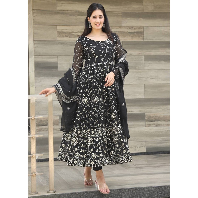 3 Pc Black Readymade Georgette Suit Set - JD986611124