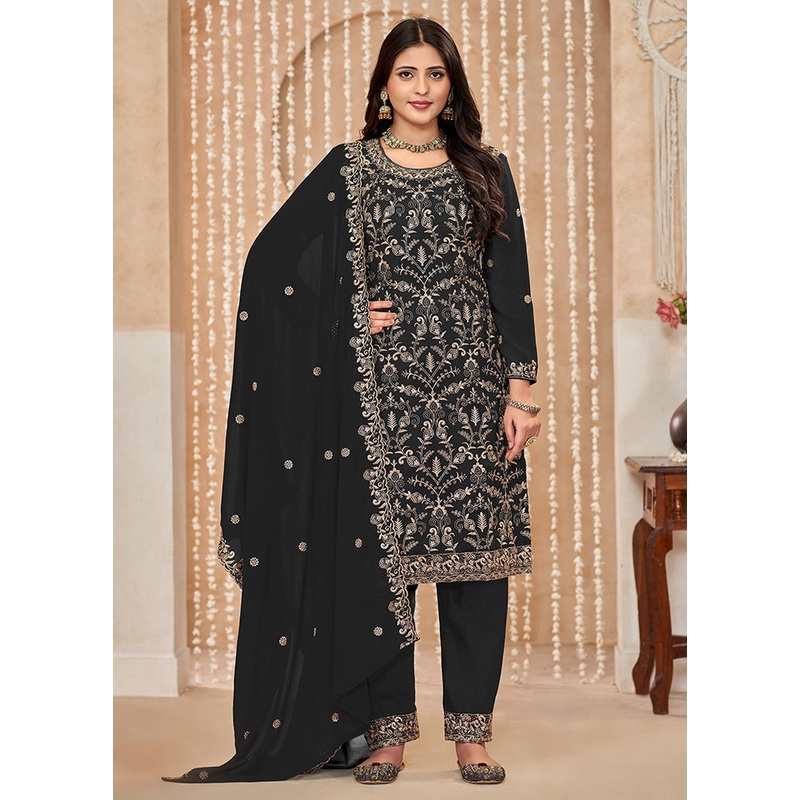 3 Pc Black Semi Stitched Georgette Dupatta Suit Set - JD986611233