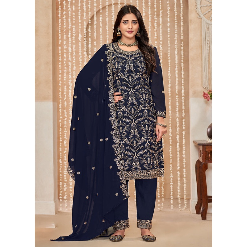 3 Pc Blue Semi Stitched Georgette Dupatta Suit Set - JD986611231