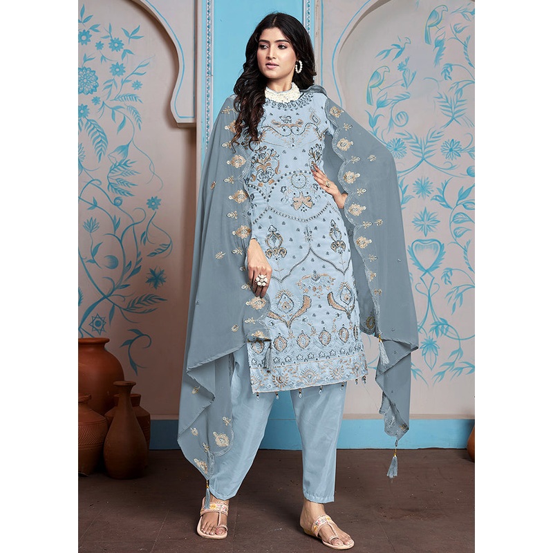 3 Pc Blue Semi Stitched Georgette Dupatta Suit Set - JD986611232