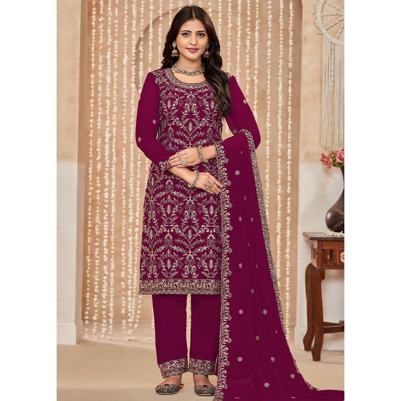 3 Pc Burgundy Semi Stitched Georgette Dupatta Suit Set - JD986611230