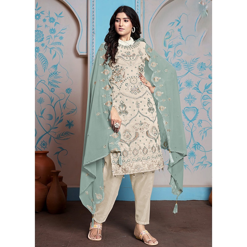 3 Pc Cream Semi Stitched Georgette Dupatta Suit Set - JD986611229
