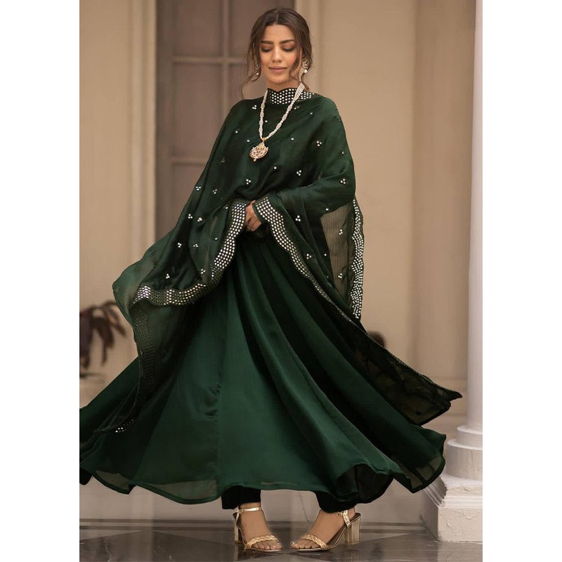 3 Pc Dark Green Readymade Cotton Suit Set - JD986611123