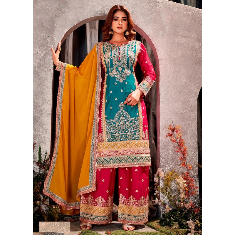 3 Pc Green Semi Stitched Silk Dupatta Suit Set - JD986611228