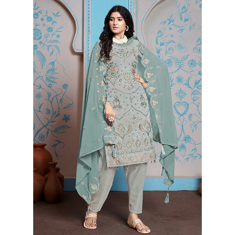 3 Pc Grey Semi Stitched Georgette Dupatta Suit Set - JD986611227