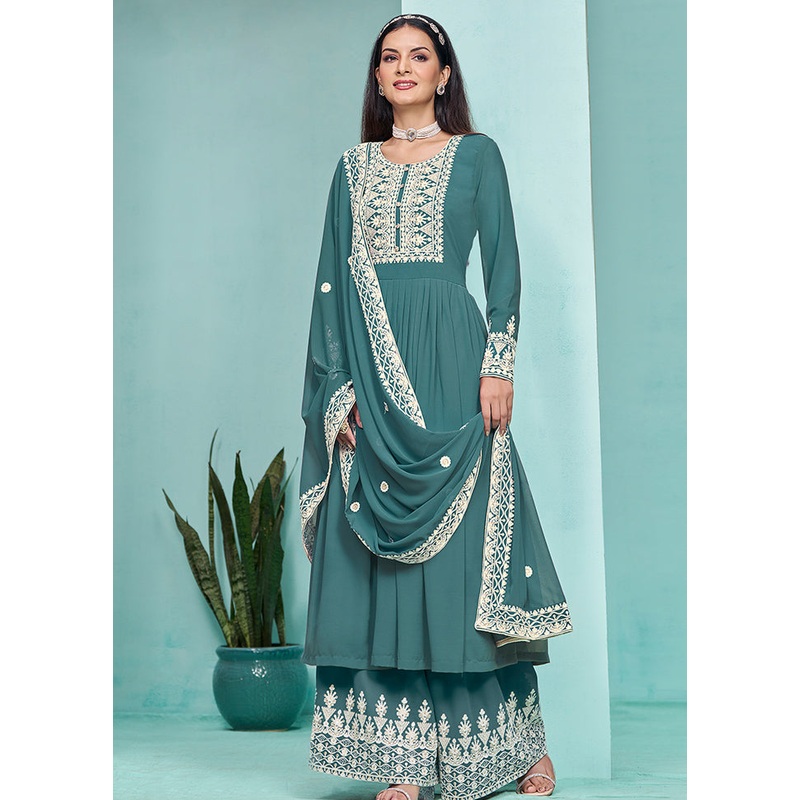3 Pc Teal Semi Stitched Georgette Dupatta Suit Set - JD986611219
