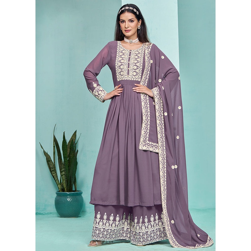 3 Pc Voilet Semi Stitched Georgette Dupatta Suit Set - JD986611218