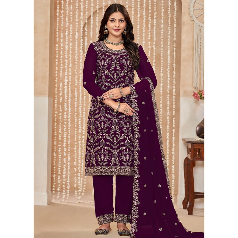 3 Pc Wine Semi Stitched Georgette Dupatta Suit Set - JD986611217