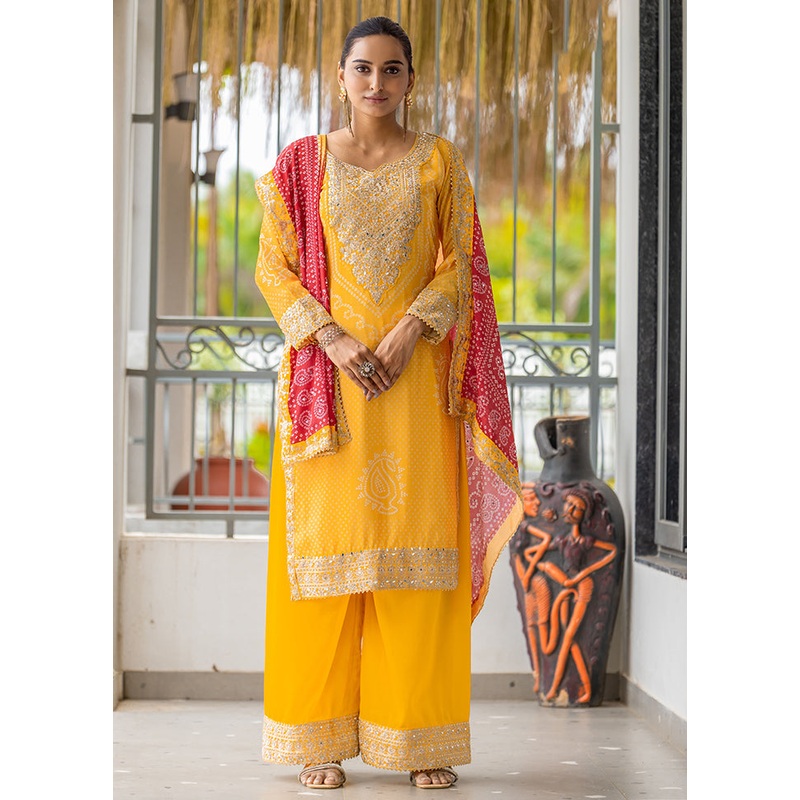 3 Pc Yellow Semi Stitched Silk Dupatta Suit Set - JD986611216