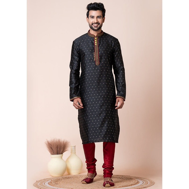 Black Blended Silk Kurta And Pajama Set - JD986611203