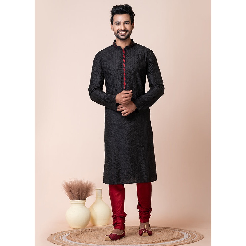 Black Cotton Kurta And Pajama Set - JD986611202