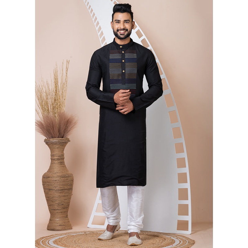 Black Viscose Kurta And Pajama Set - JD986611100