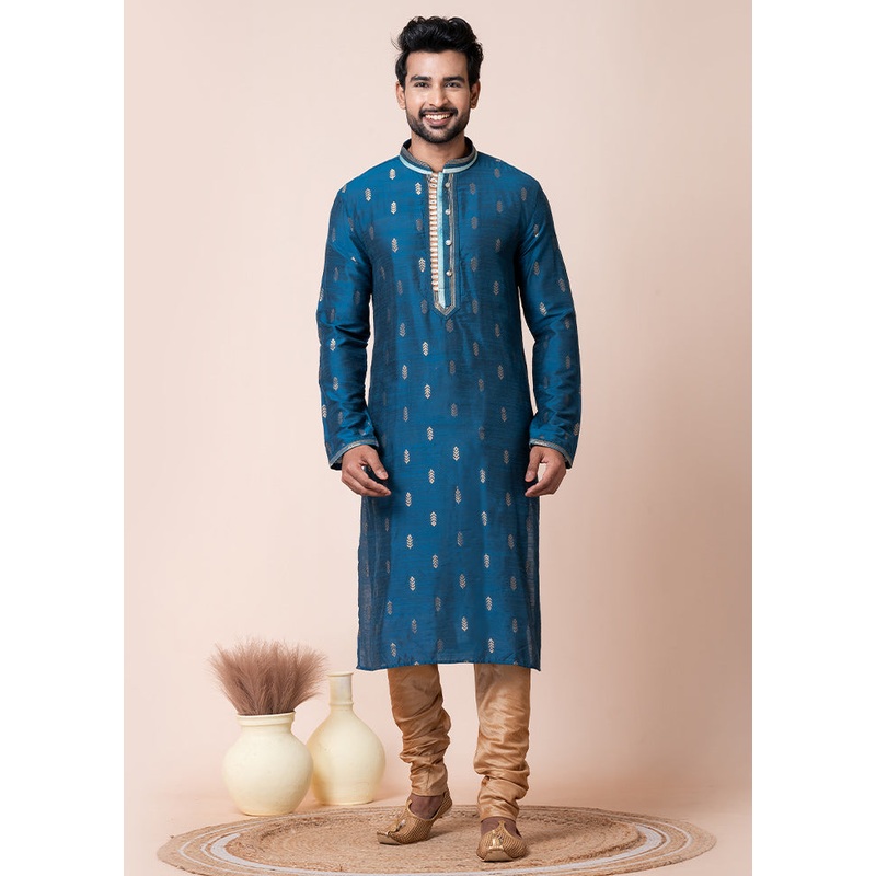 Blue Blended Silk Kurta And Pajama Set - JD986611201