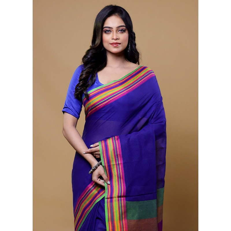 Blue Cotton Saree With Blouse Piece - JD986611174