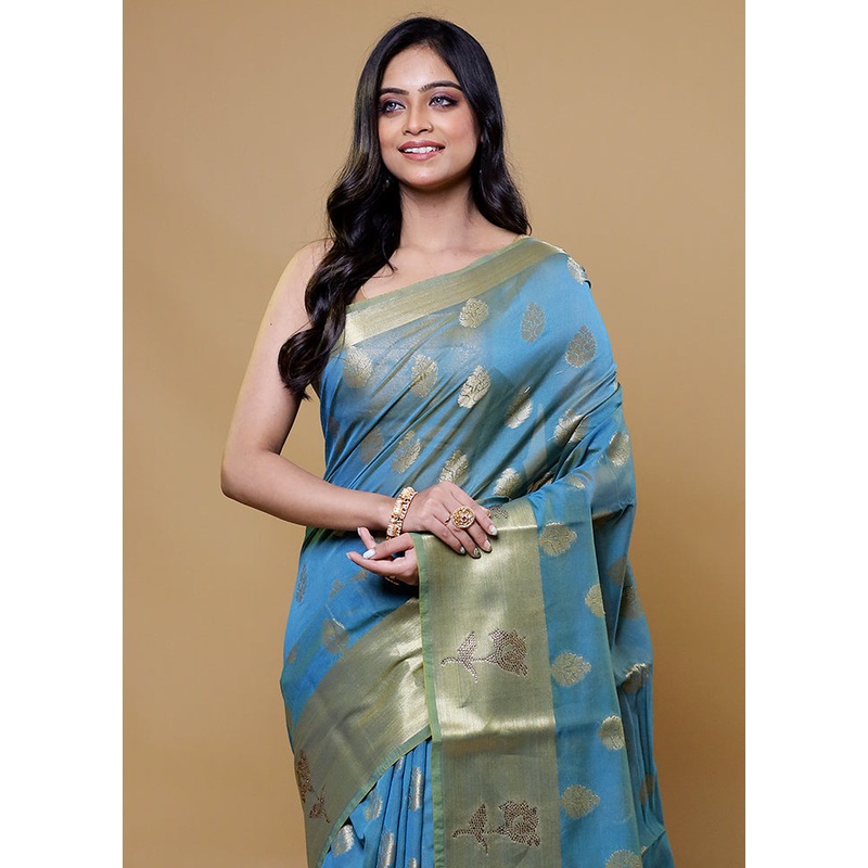 Blue Kora Silk Saree With Blouse Piece - JD986611171