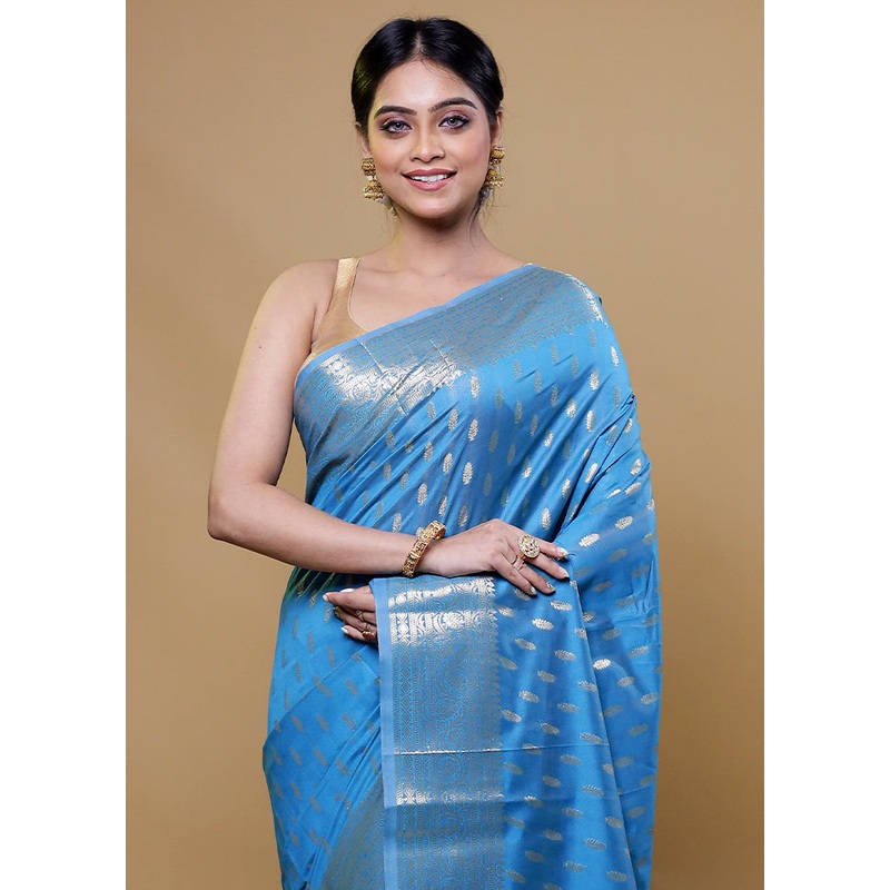 Blue Kora Silk Saree With Blouse Piece - JD986611172