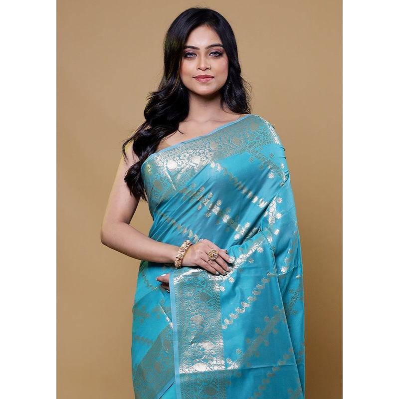 Blue Kora Silk Saree With Blouse Piece - JD986611173
