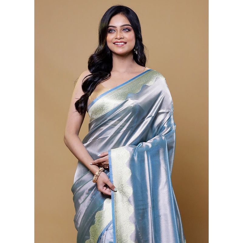 Blue Tissue Silk Saree With Blouse Piece - JD986611169