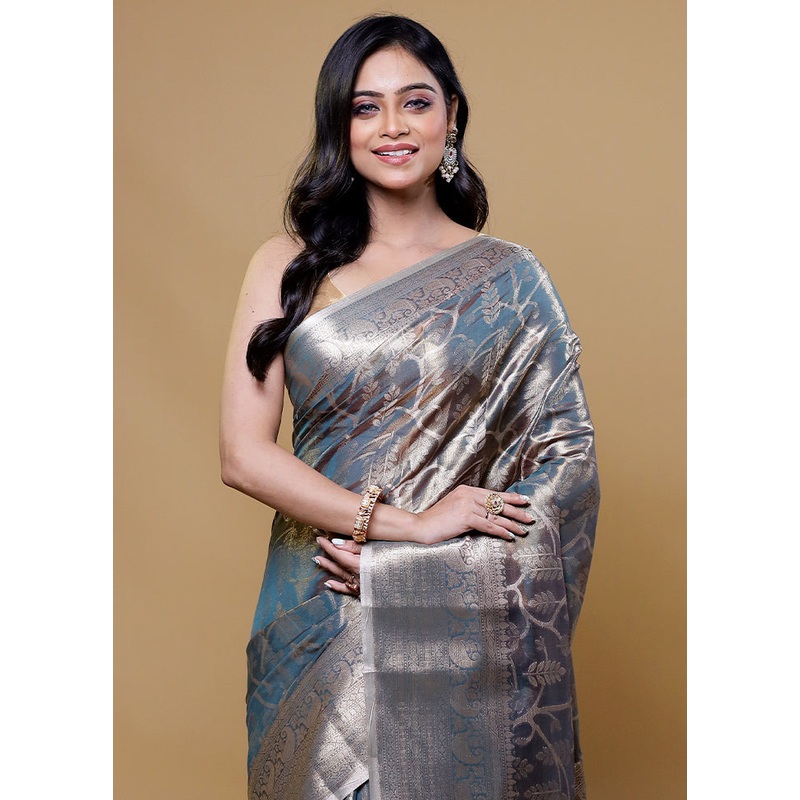 Blue Tissue Silk Saree With Blouse Piece - JD986611170