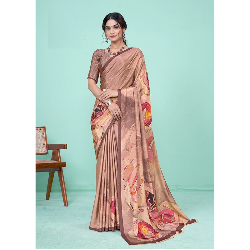 Brown Crepe Silk Saree With Blouse Piece - JD986611215
