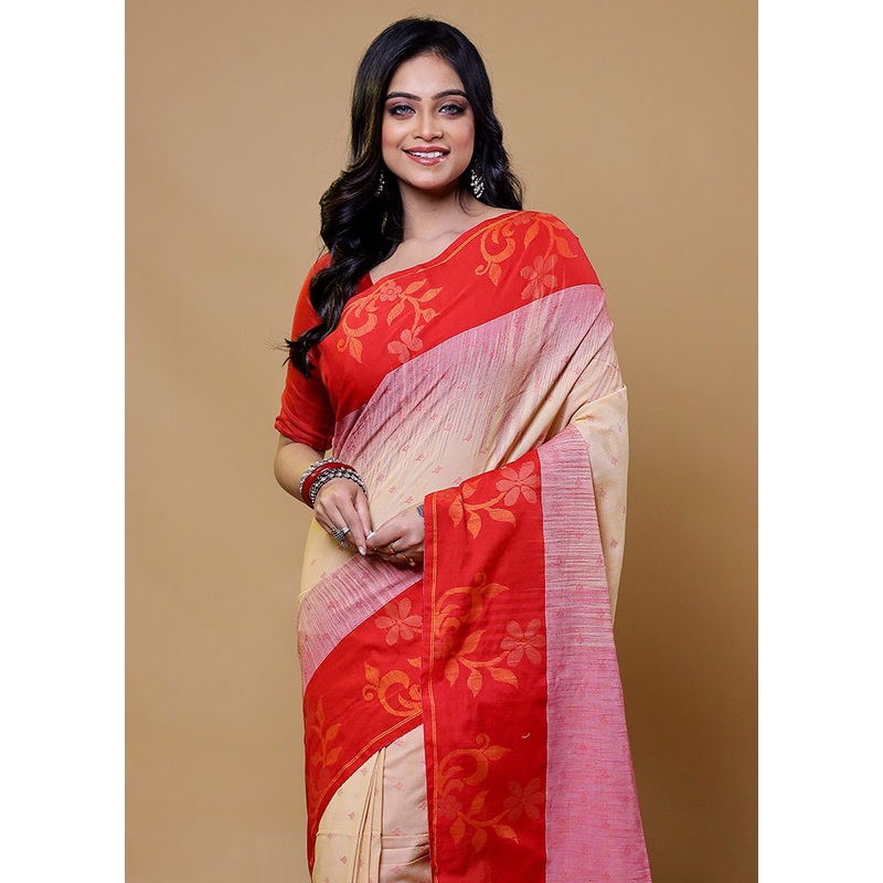 Cream Cotton Saree With Blouse Piece - JD986611168