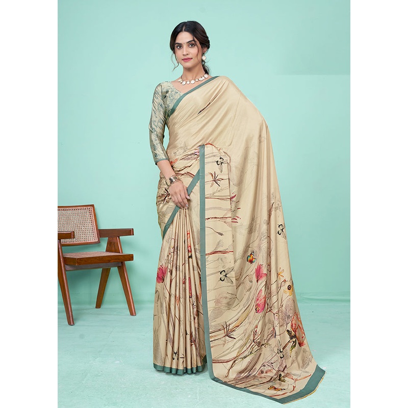 Cream Crepe Silk Saree With Blouse Piece - JD986611214
