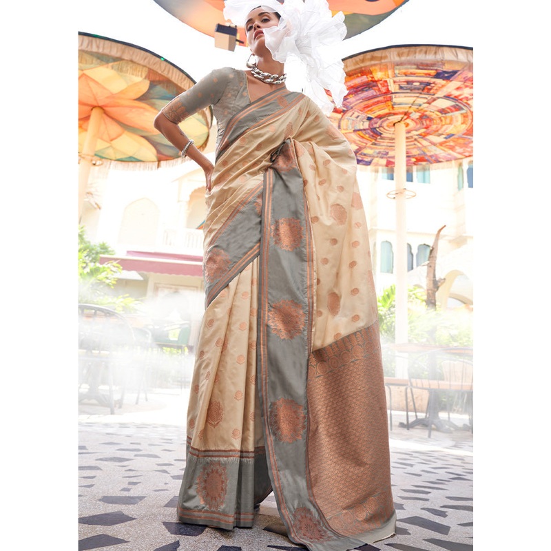 Cream Dupion Silk Saree With Blouse Piece - JD986611106