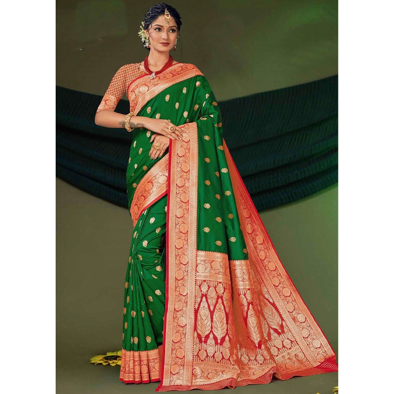 Green Dupion Silk Saree With Blouse Piece - JD986611090