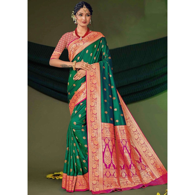 Green Dupion Silk Saree With Blouse Piece - JD986611091