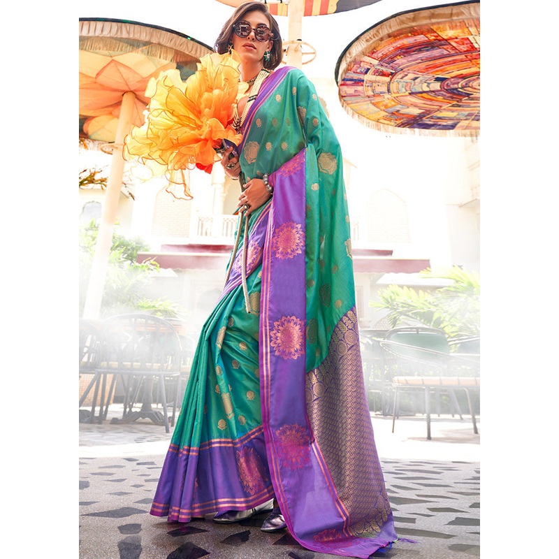 Green Dupion Silk Saree With Blouse Piece - JD986611105