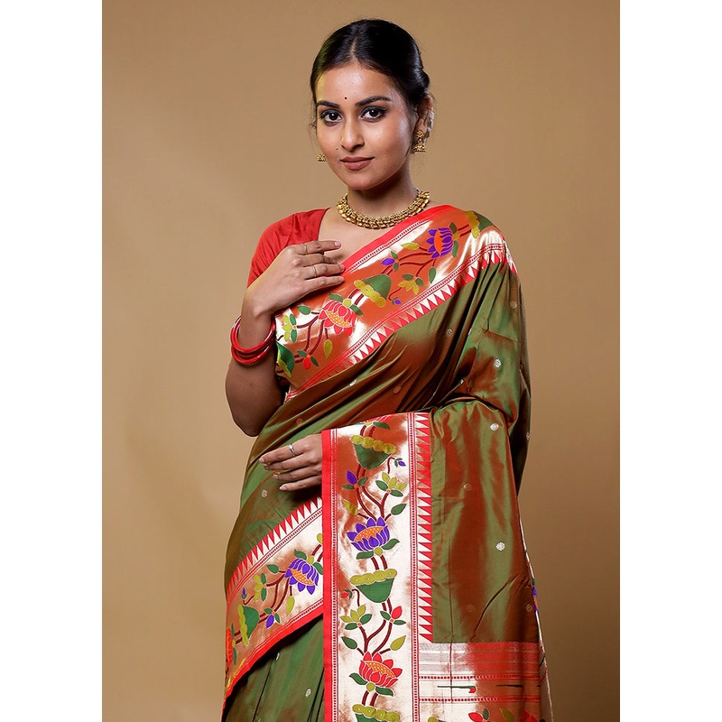 Green Katan Silk Saree With Blouse Piece - JD986611275