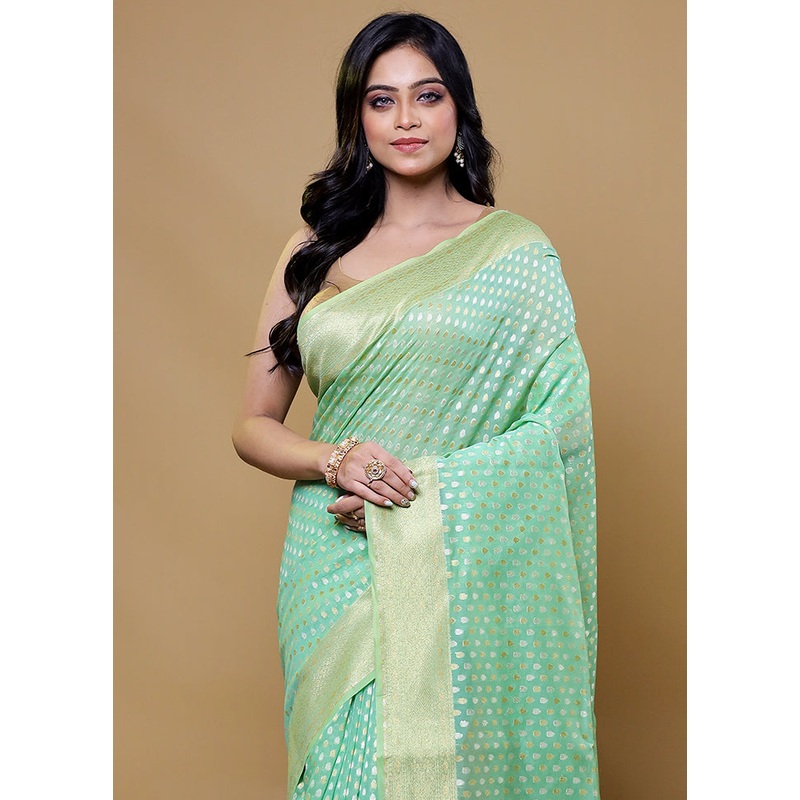 Green Kora Silk Saree With Blouse Piece - JD986611159