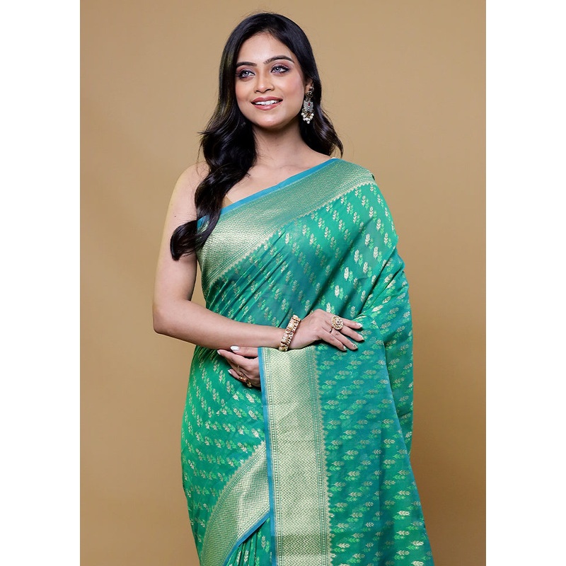 Green Kora Silk Saree With Blouse Piece - JD986611160