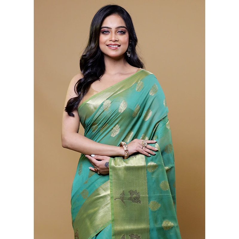 Green Kora Silk Saree With Blouse Piece - JD986611161