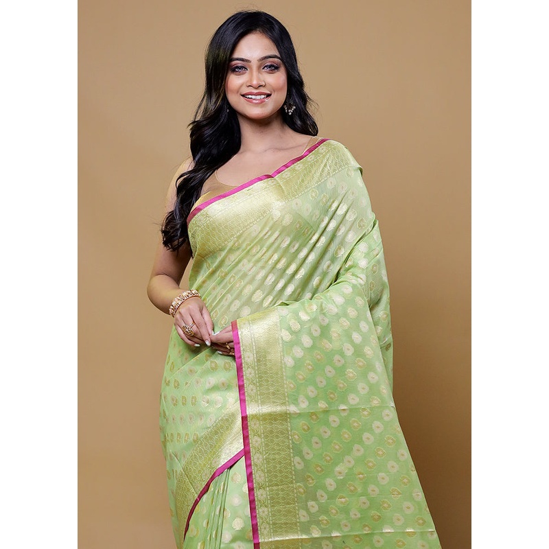 Green Kora Silk Saree With Blouse Piece - JD986611163