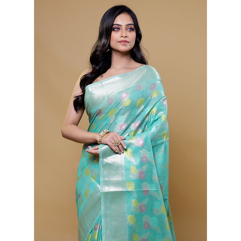 Green Kora Silk Saree With Blouse Piece - JD986611164