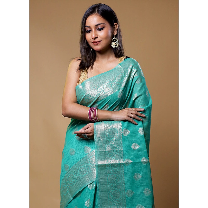 Green Kota Cotton Saree With Blouse Piece - JD986611274